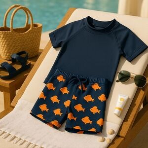 Gottex Kids Rashguard Swim Set Navy Fish Print Boys Size  2–3Y NWT